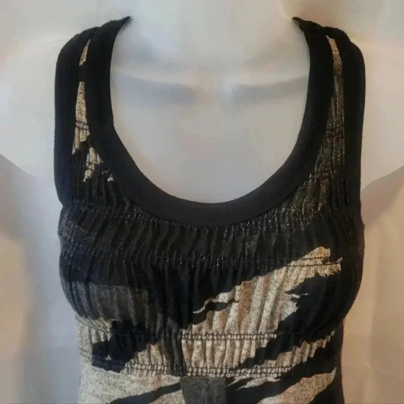 SIZE MEDIUM VINTAGE TAHERI Babydoll Dress Ruched Sleevless Racerback BLK/BRN/TAN - Picture 2 of 7